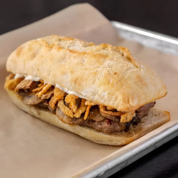 Tampa Burger Company's steak sandwich with mushrooms, crispy onions, and white sauce on a baguette.
