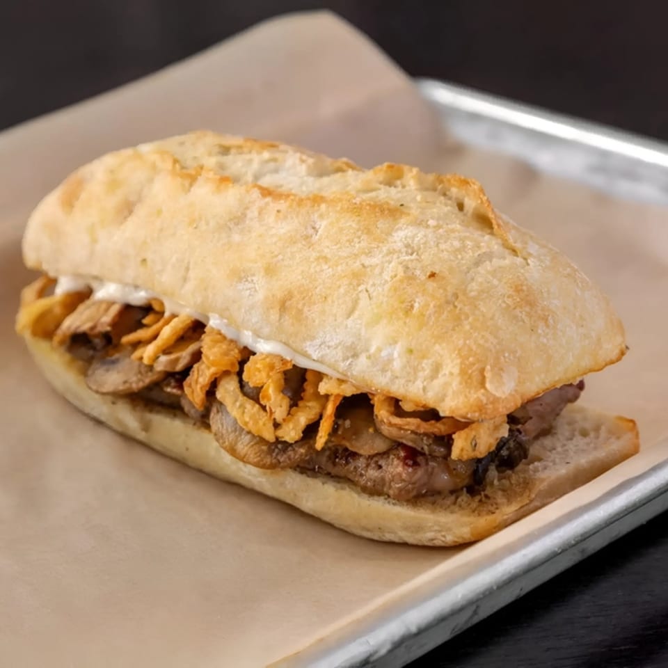 Tampa Burger Company's steak sandwich with mushrooms, crispy onions, and white sauce on a baguette.